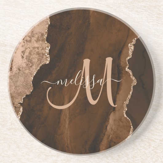 Chic Brown Blush Glitzer Agate Custom Monogram Getränkeuntersetzer (Vorne)