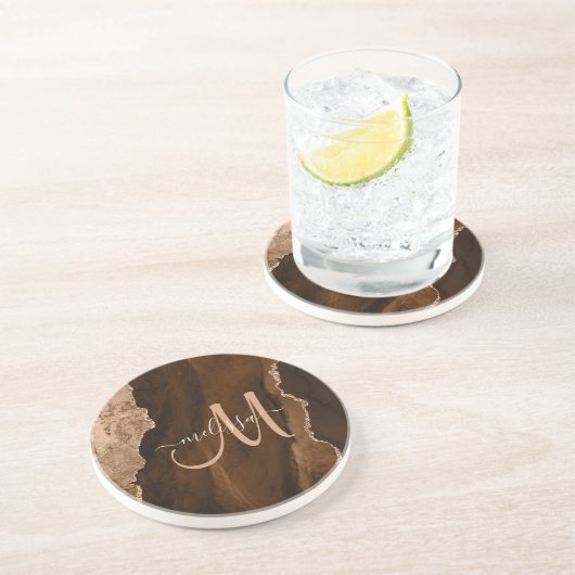 Chic Brown Blush Glitzer Agate Custom Monogram Getränkeuntersetzer (Seite)