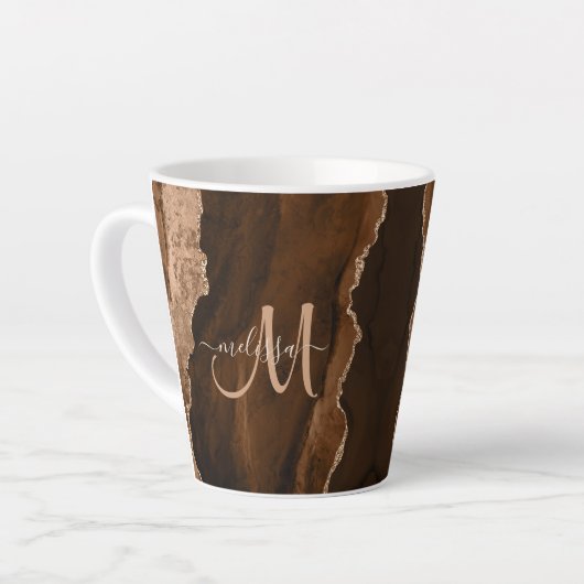 Chic Brown Blush Glitzer Agate Custom Monogram Milchtasse (Linke Ecke)