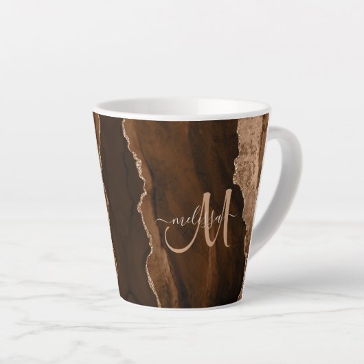 Chic Brown Blush Glitzer Agate Custom Monogram Milchtasse (Rechte Ecke)