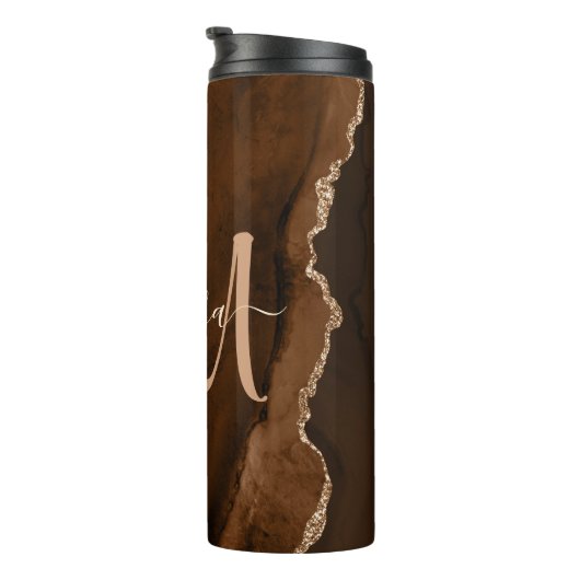 Chic Brown Blush Glitzer Agate Custom Monogram Thermosbecher (Nach rechts gedreht)