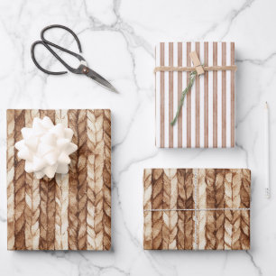 Chic Brown Cream Imitats Woven Stripes Geschenkpapier Set
