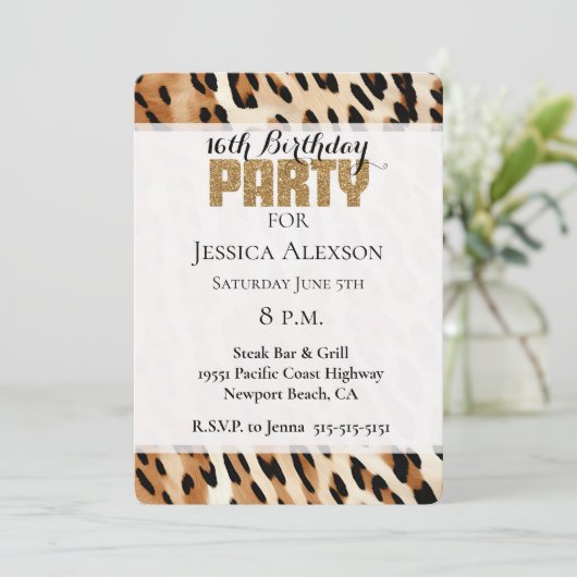 Chic Brown Cream Leopard Gold Glitzer Party Einladung (Stehend Vorderseite)