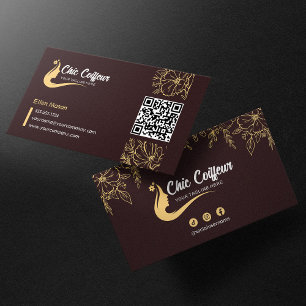 Chic Brown Gold Floral Friseur Schönheit QR Code Visitenkarte