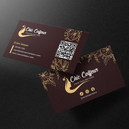 Chic Brown Gold Floral Haarstylist Beauty QR Code Visitenkarte