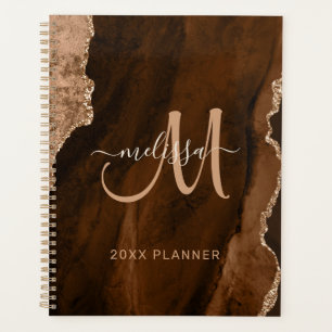 Chic Brown Gold Glitzer Agate Custom Monogram 2024 Planer