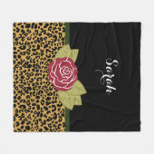 Chic Brown Gold Leopard Print Rote Rose mit Namen Fleecedecke (Vorderseite (Horizontal))
