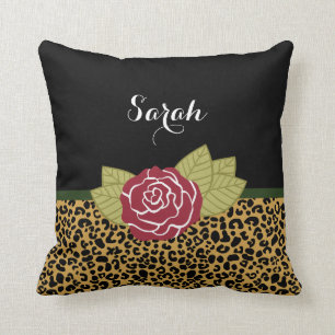 Chic Brown Gold Leopard Print Rote Rose mit Namen Kissen