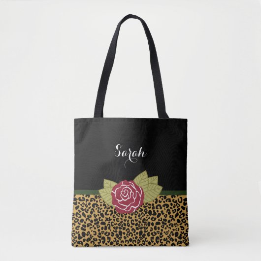 Chic Brown Gold Leopard Print Rote Rose mit Namen Tasche (Vorderseite)