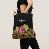 Chic Brown Gold Leopard Print Rote Rose mit Namen Tasche (Von Nahem)