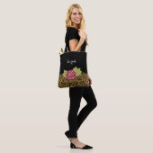 Chic Brown Gold Leopard Print Rote Rose mit Namen Tasche (Am Model)