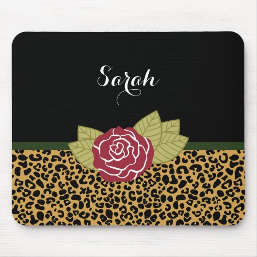 Chic-Brown-Goldleopard-Druck-Rote Rose mit Namen Mousepad (Vorne)