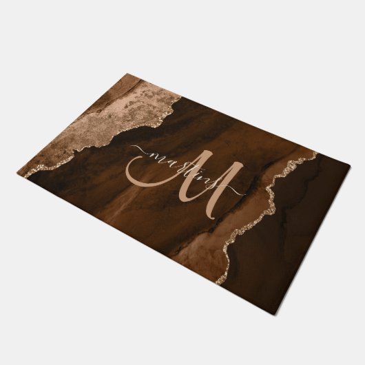 Chic Brown Rose Gold Glitzer Agate Custom Monogram Fußmatte (Schrägansicht)