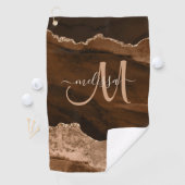 Chic Brown Rose Gold Glitzer Agate Custom Monogram Golfhandtuch (Insitu)