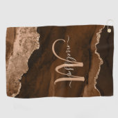 Chic Brown Rose Gold Glitzer Agate Custom Monogram Golfhandtuch (Horizontal)