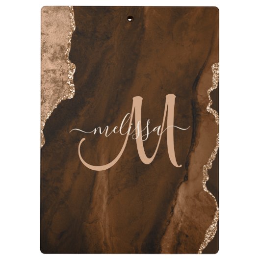 Chic Brown Rose Gold Glitzer Agate Custom Monogram Klemmbrett (Rückseite)