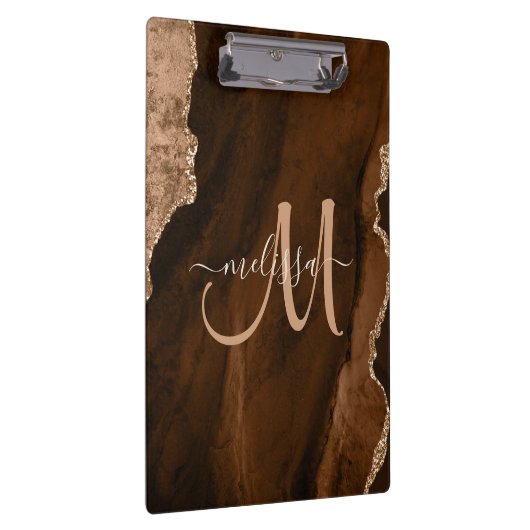 Chic Brown Rose Gold Glitzer Agate Custom Monogram Klemmbrett (Rechts)