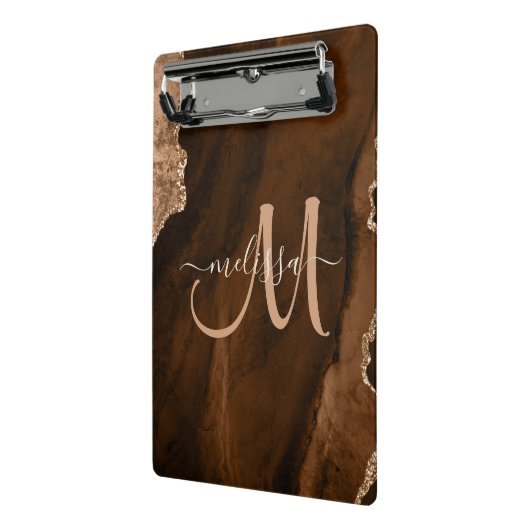 Chic Brown Rose Gold Glitzer Agate Custom Monogram Mini Klemmbrett (Gewinkelt2)