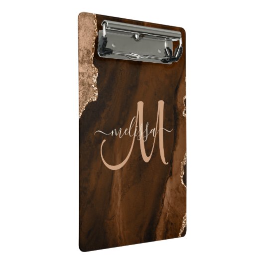 Chic Brown Rose Gold Glitzer Agate Custom Monogram Mini Klemmbrett (Schrägansicht)