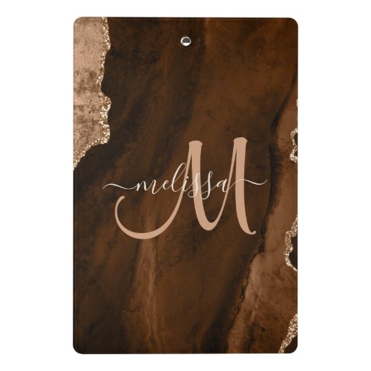 Chic Brown Rose Gold Glitzer Agate Custom Monogram Mini Klemmbrett (Rückseite)