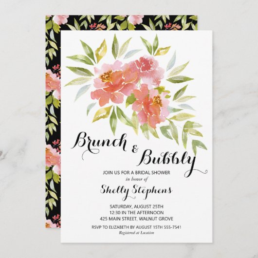 Chic Brunch und Bubbly Floral Brautparty Einladung (Vorne/Hinten)