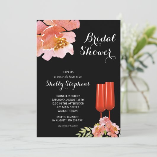 Chic Brunch und Bubbly Floral Einladung (Stehend Vorderseite)