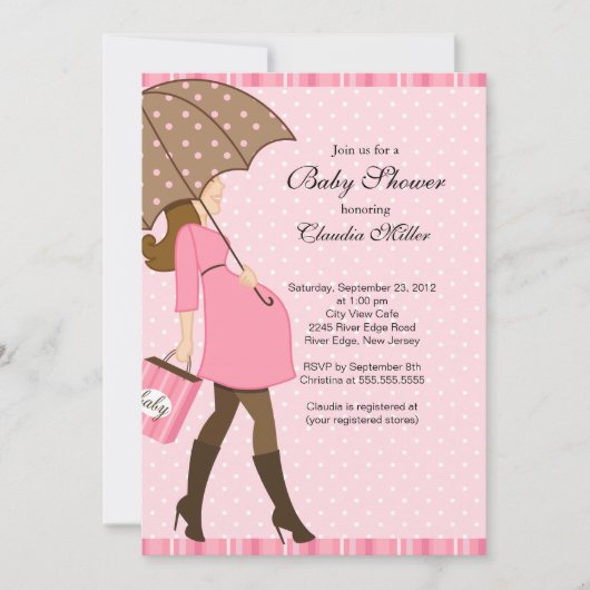 Chic Brünett schwanger Mama Babydusche Einladung (Vorderseite)