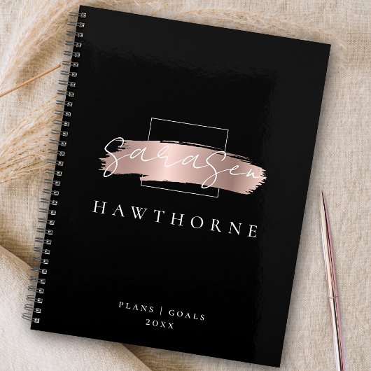 Chic Brush Stroke Black Imitats Rose Gold Monogram Planer