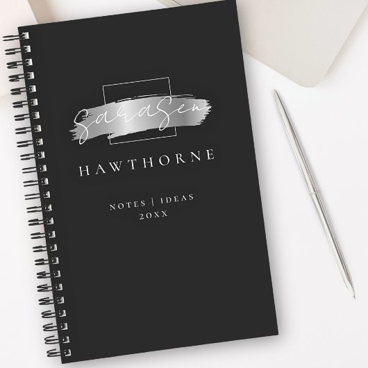 Chic Brush Stroke Black Imitats Silver Brush Monog Notizblock