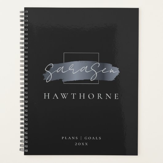 Chic Brush Stroke Black Imitats Silver Gray Monogr Planer (Vorderseite)