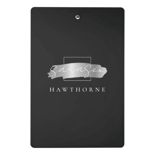 Chic Brush Stroke Black Imitats Silver Monogram Mini Klemmbrett (Rückseite)