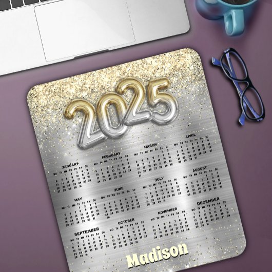 Chic brushed silver gold glitter 2025 calendar mousepad