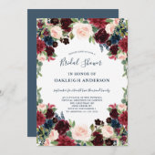 Chic Burgund, Navy und Pink Floral Brautparty Einladung (Vorne/Hinten)
