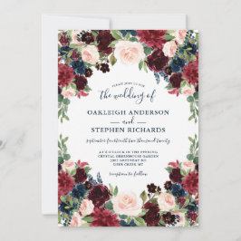 Chic Burgund, Navy und Pink Floral Wedding Einladung
