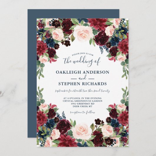 Chic Burgund, Navy und Pink Floral Wedding Einladung (Vorne/Hinten)