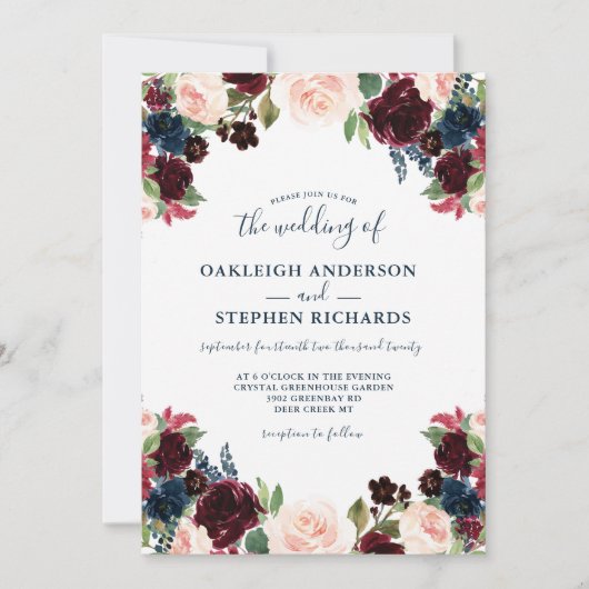 Chic Burgund, Navy und Pink Floral Wedding Einladung (Vorderseite)