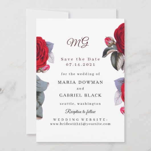 Chic Burgund Rote Rose. Blossom Nature Wedding Save The Date (Vorderseite)