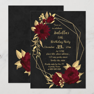Chic burgundy and gold Black Geburtstagsparty Einladung