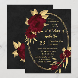 Chic burgundy and gold Black Geburtstagsparty Einladung