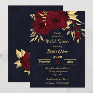 Chic burgundy and gold Marine Brautparty Einladung