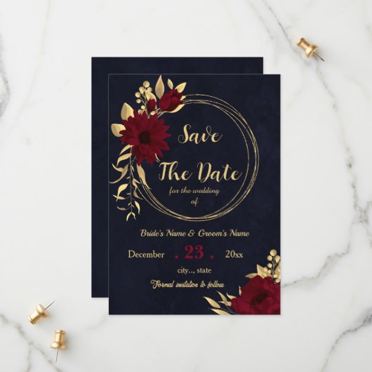 Chic burgundy and gold Marine Save The Date (Vorderseite/Rückseite Beispiel)