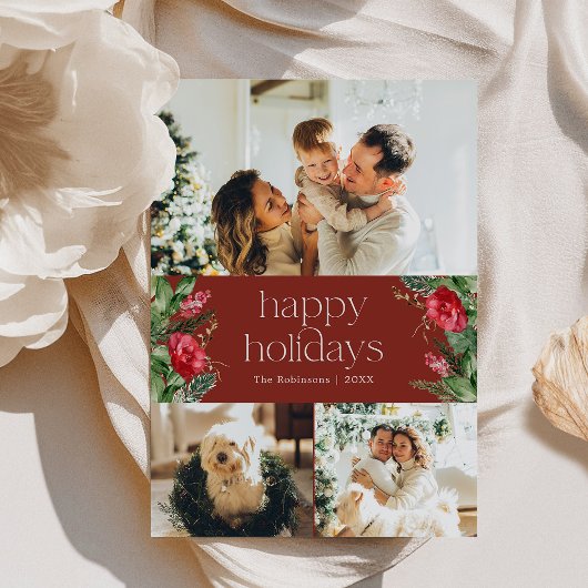 Chic Burgundy Aquarellgrün 3 Foto Feiertagskarte