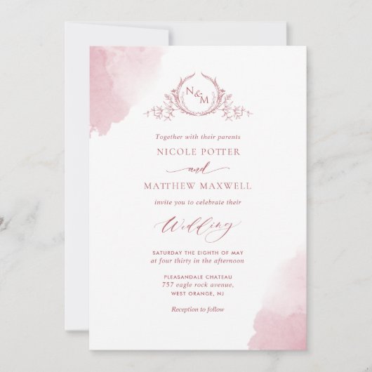 Chic Burgundy Aquarellsteine, Monogramm Hochzeit Einladung (Vorderseite)