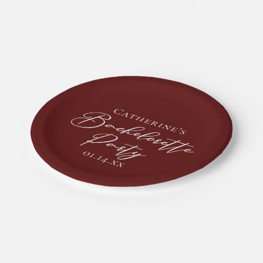 Chic Burgundy Bachelorette Party Personalized Pappteller (Schrägansicht)