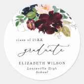 Chic Burgundy Blue Florals Abschluss Sticker (Vorderseite)
