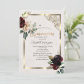 Chic Burgundy Blume Gold Frame Quinceañera Einladung (Stehend Vorderseite)