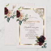 Chic Burgundy Blume Gold Frame Quinceañera Einladung (Vorne/Hinten)