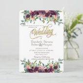 Chic Burgundy Blume Hochzeit Einladung (Stehend Vorderseite)