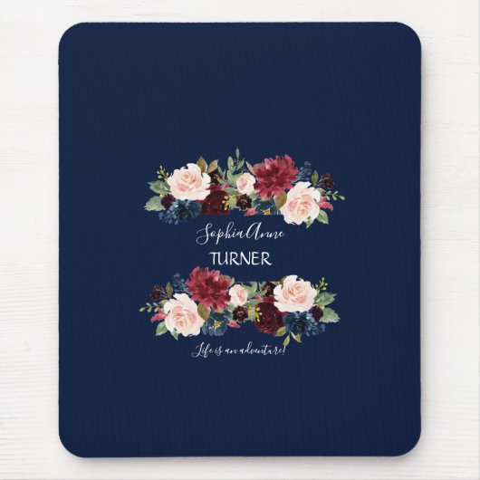 Chic Burgundy Blush Bloral Navy Blue Monogram Mousepad (Vorne)