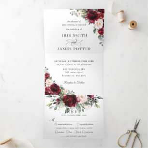 Chic Burgundy Blush Blumengrün Hochzeit RSVP Dreifach Gefaltete Einladung